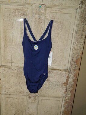 Speedo One-Piece Swimsuit Cross Back Blue White Piping Sz 8 (C-10)